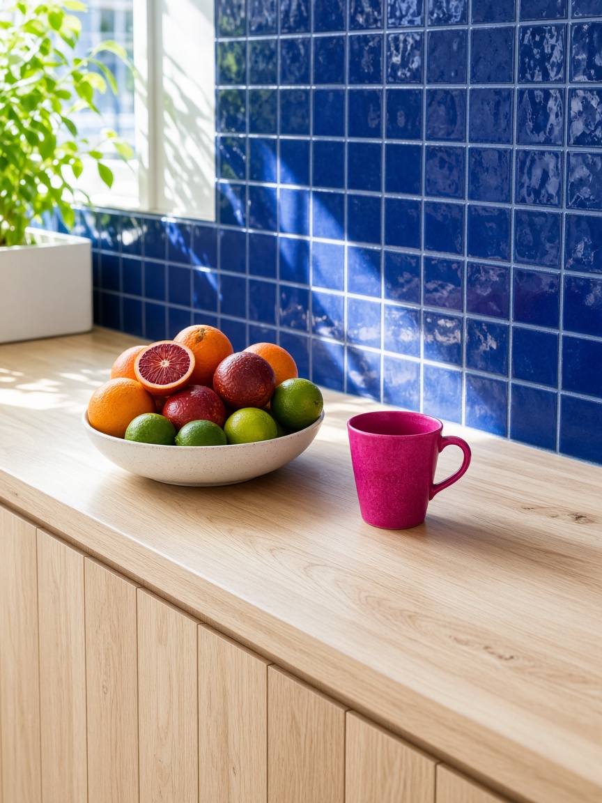 Comptoir clair, agrumes et tasse rose devant un carrelage bleu