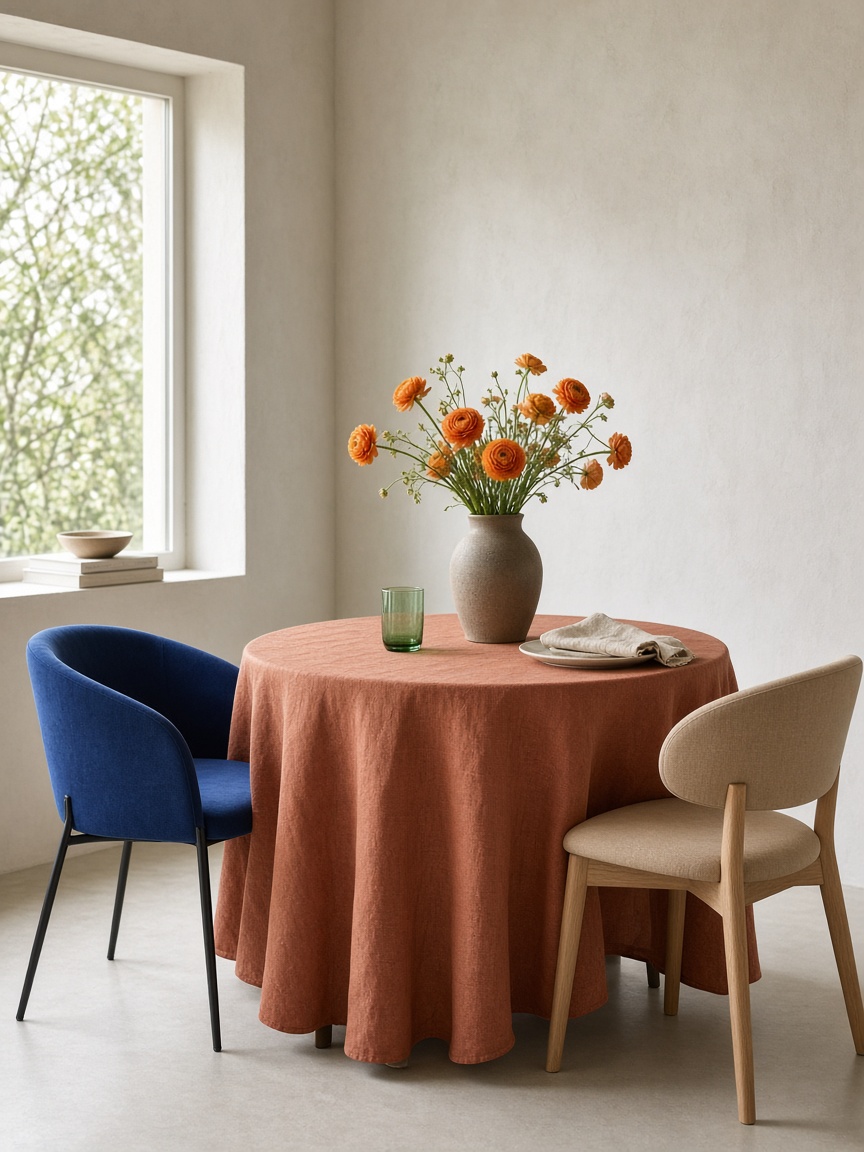 Table moderne, nappe terracotta et fleurs orange