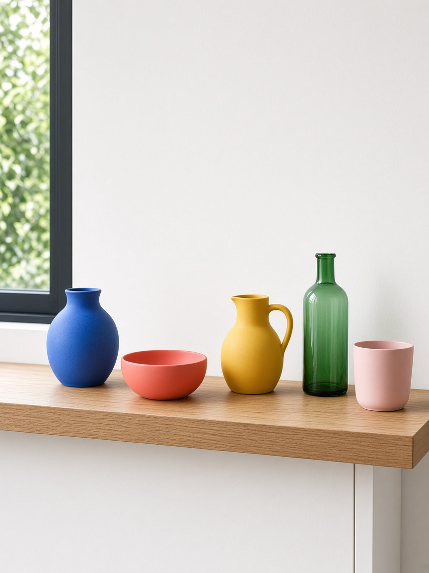 Vases colorés sur une étagère d’atelier