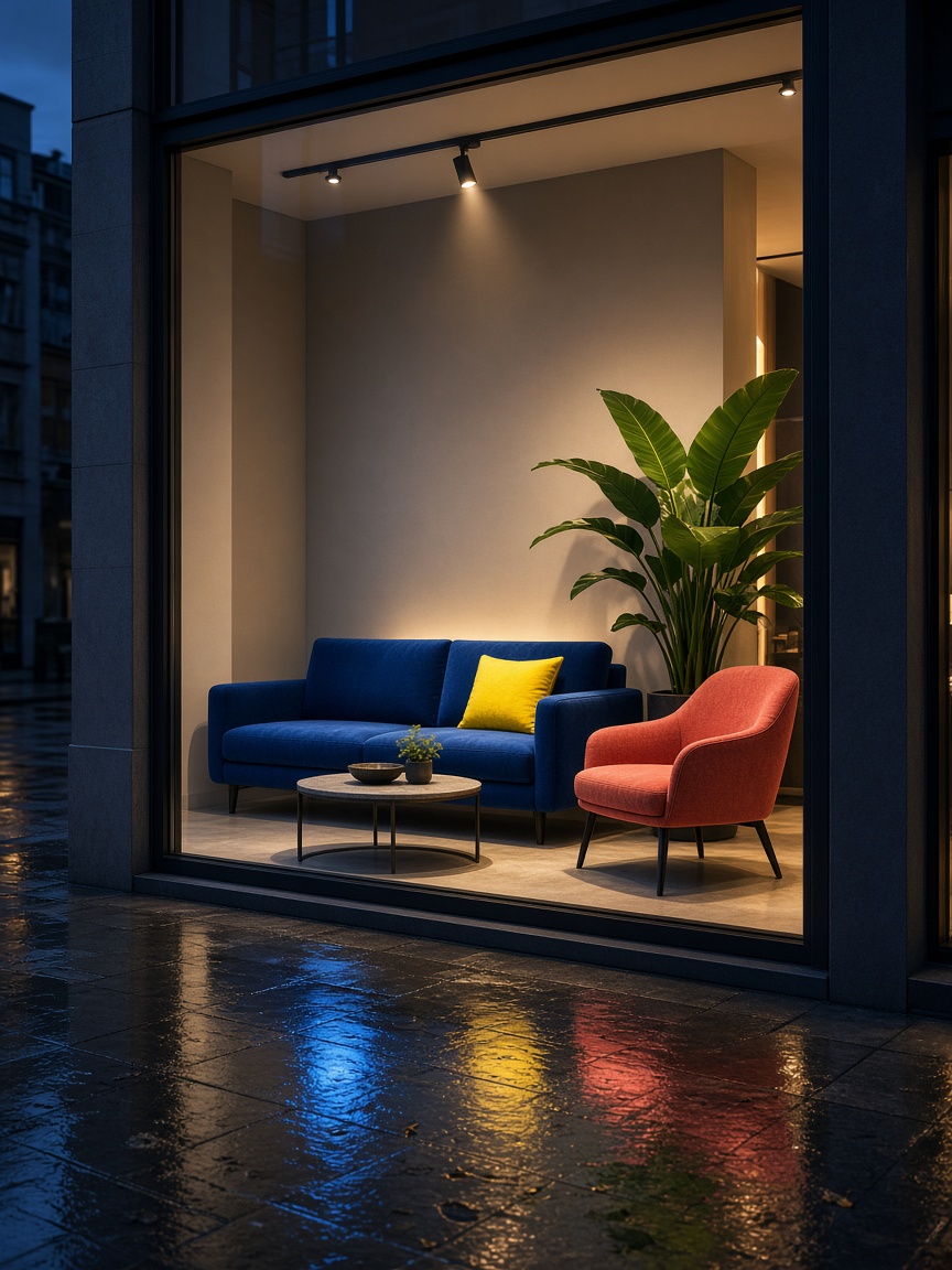 Vitrine moderne avec un canapé bleu et un fauteuil corail