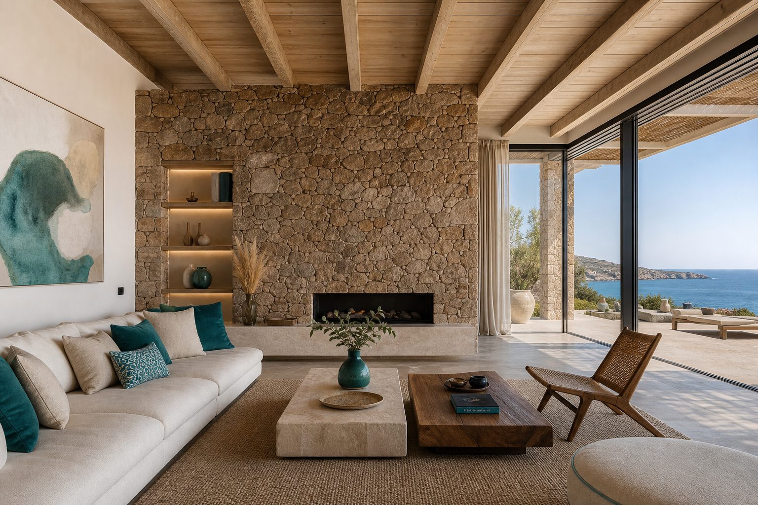 Intérieur de villa de luxe avec vue mer en Sardaigne